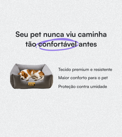 Um cachorro beagle dorme confortavel em uma cama pet de luxo vendido na Camas.pet, que promete uma experiência de descanso superior com seu tecido premium e proteção contra umidade.