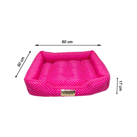 Cama para cachorros e gatos com design fofo em rosa com bolinhas. Macia e ideal para pets tranquilos. Compre já!